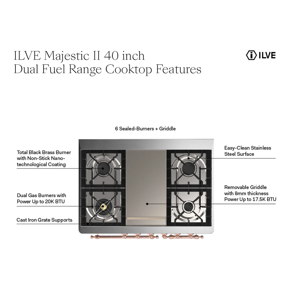ILVE Majestic II 40" Dual Fuel Range 6 Sealed Burners, Solid Door, White, Chrome Knobs-LP