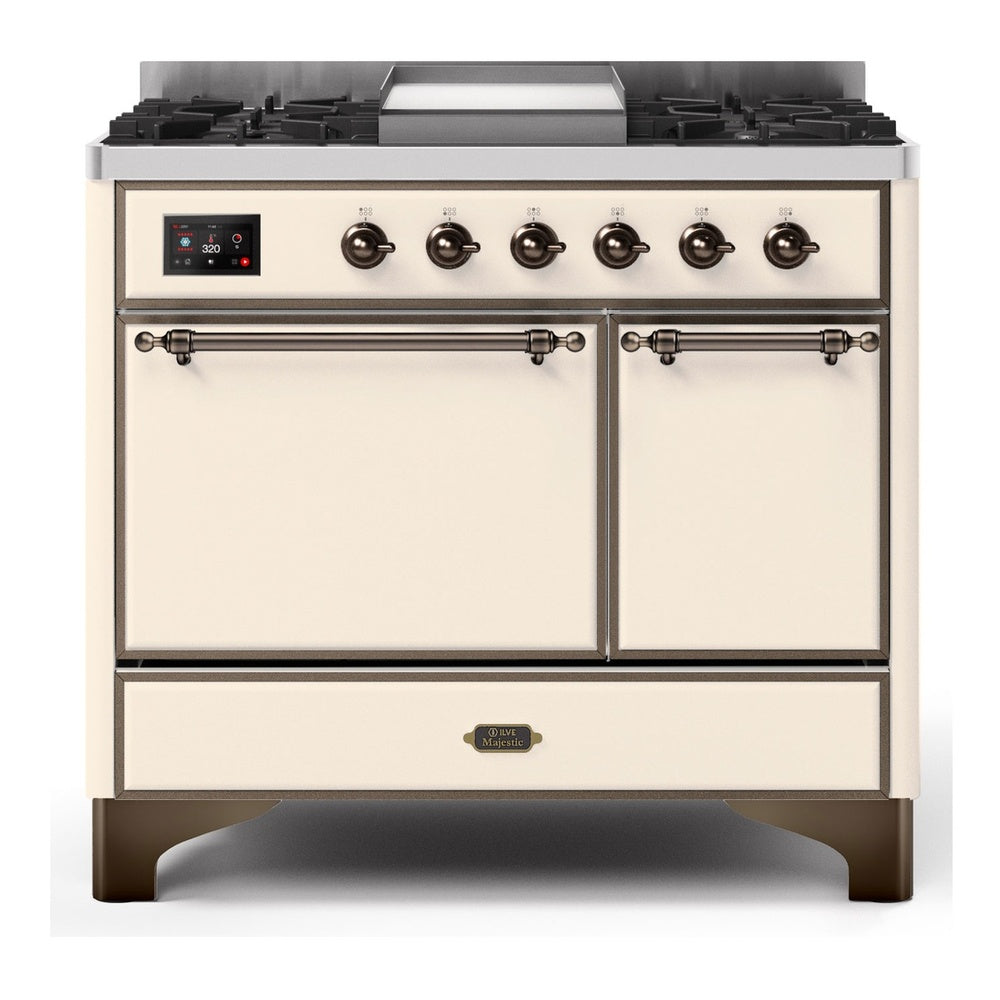 ILVE Majestic II 40" Dual Fuel Range 6 Sealed Burners, Solid Door, Antique White, Burnished Knobs-Natural Gas