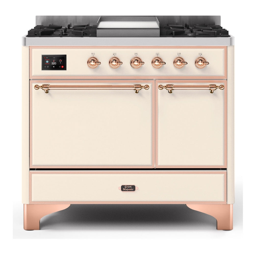 ILVE Majestic II 40" Dual Fuel Range 6 Sealed Burners, Solid Door, Antique White,Copper Knobs-LP