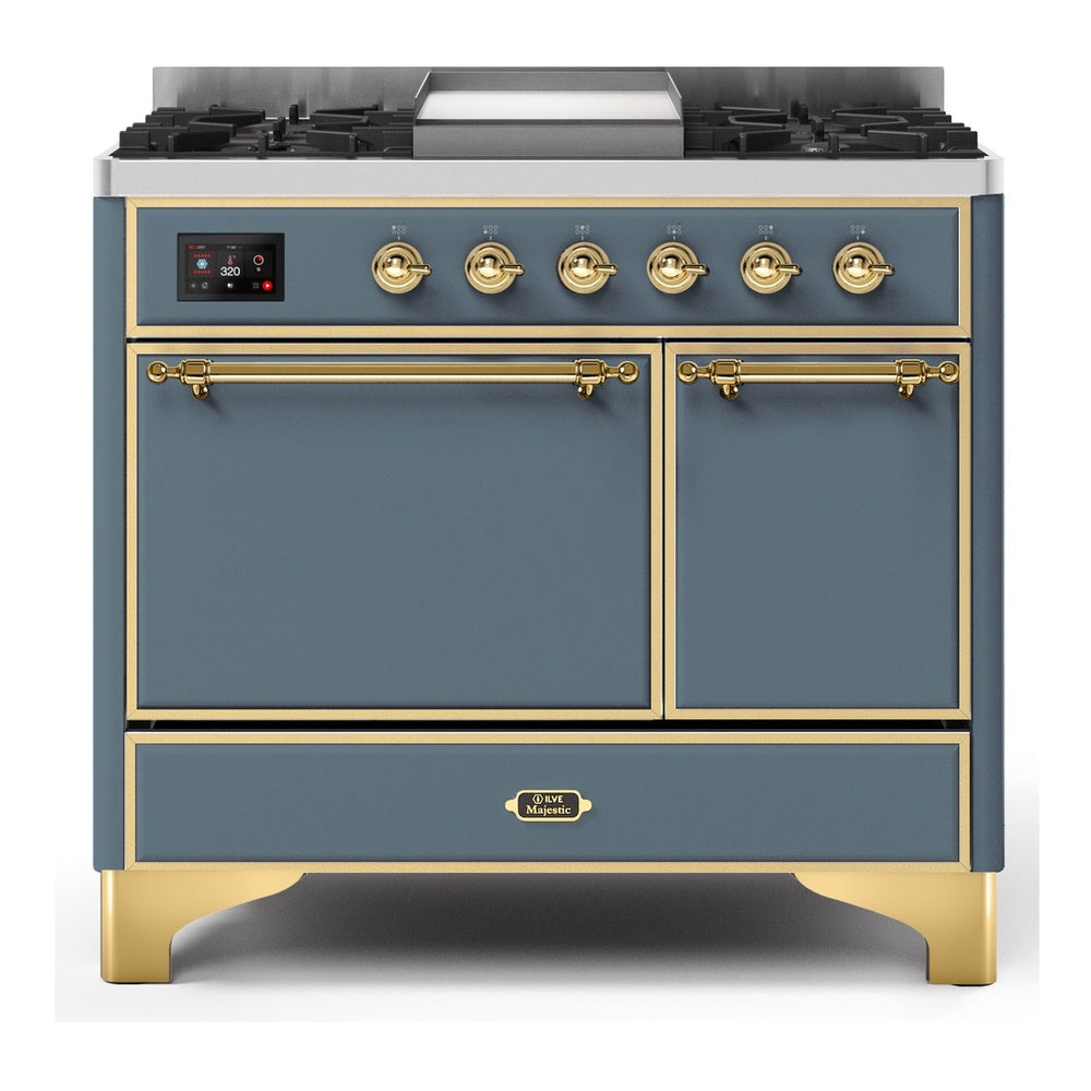 ILVE Majestic II 40" Dual Fuel Range 6 Sealed Burners, Solid Door, Blue Grey, Brass Knobs-Natural Gas