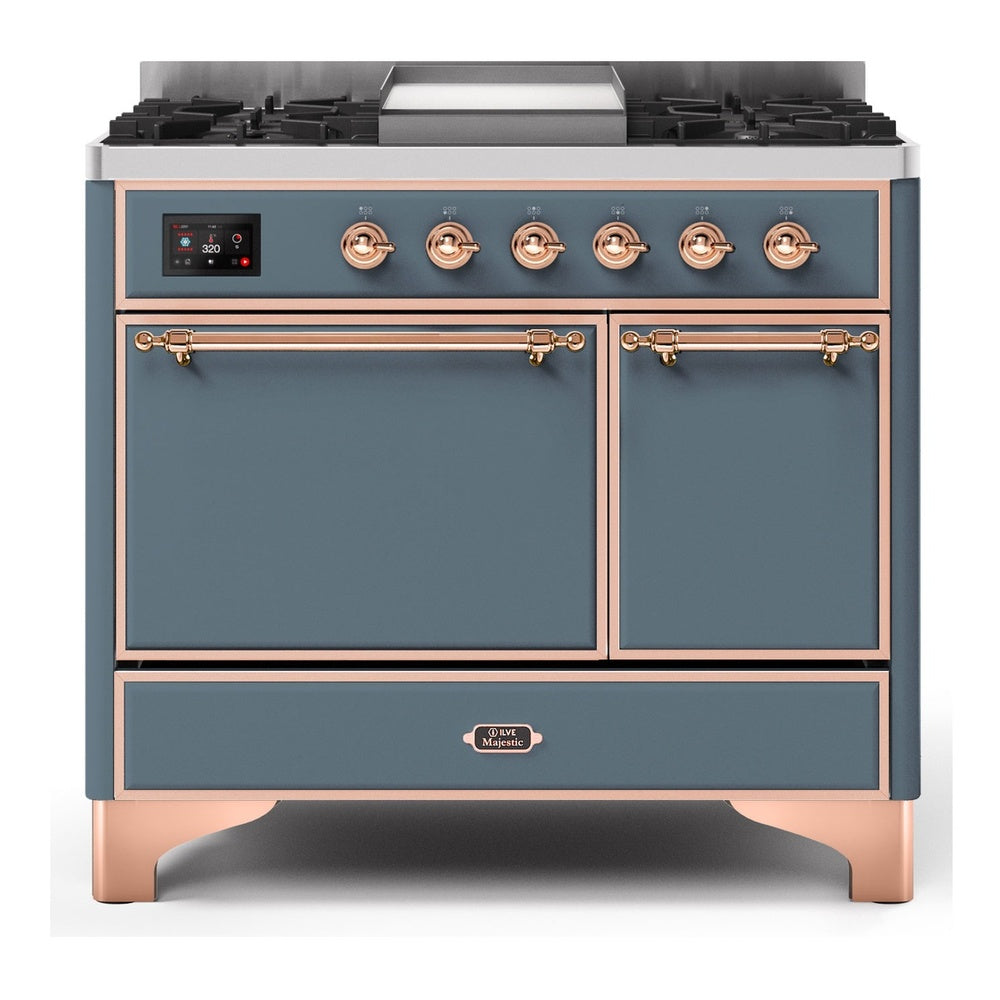 ILVE Majestic II 40" Dual Fuel Range 6 Sealed Burners, Solid Door, Blue Grey, Copper Knobs-LP