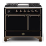 ILVE Majestic II 40" Dual Fuel Range 6 Sealed Burners, Solid Door, Glossy Black, Burnished Knobs-Natural Gas