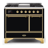 ILVE Majestic II 40" Dual Fuel Range 6 Sealed Burners, Solid Door, Glossy Black, Brass Knobs-Natural Gas