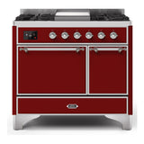 ILVE Majestic II 40" Dual Fuel Range 6 Sealed Burners, Solid Door, Burgundy, Chrome Knobs-LP