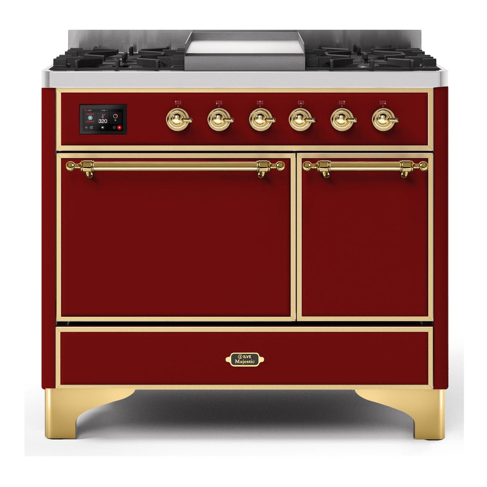 ILVE Majestic II 40" Dual Fuel Range 6 Sealed Burners, Solid Door, Burgundy, Brass Knobs-LP