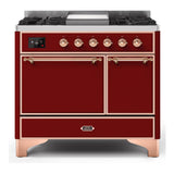 ILVE Majestic II 40" Dual Fuel Range 6 Sealed Burners, Solid Door, Burgundy, Copper Knobs-Natural Gas