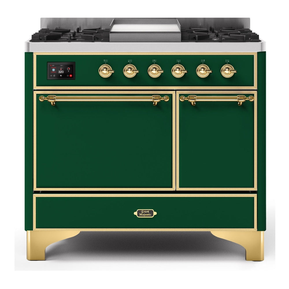 ILVE Majestic II 40" Dual Fuel Range 6 Sealed Burners, Solid Door, Emerald Green, Brass Knobs-LP