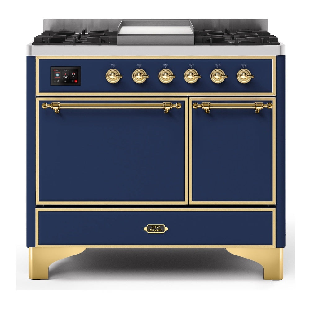 ILVE Majestic II 40" Dual Fuel Range 6 Sealed Burners, Solid Door, Midnight Blue, Brass Knobs-LP