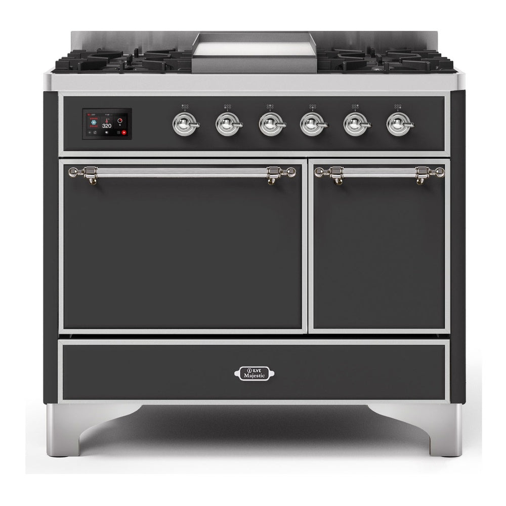 ILVE Majestic II 40" Dual Fuel Range 6 Sealed Burners, Solid Door, Graphite Matte, Chrome Knobs-Natural Gas