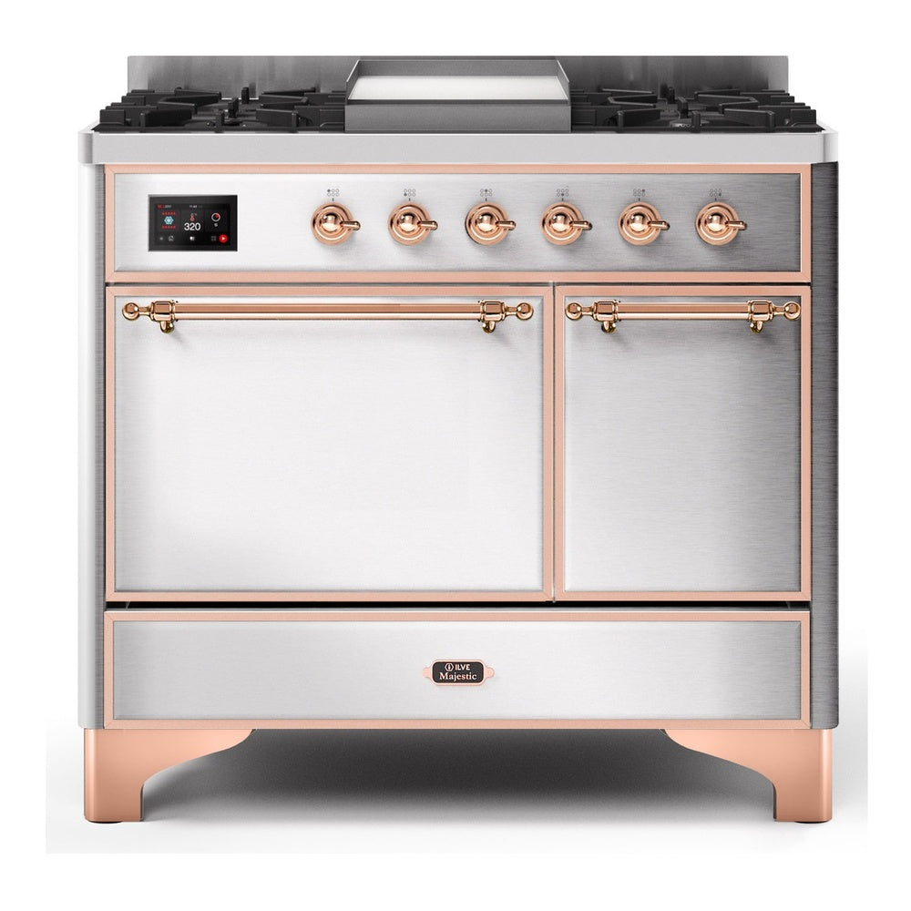 ILVE Majestic II 40" Dual Fuel Range 6 Sealed Burners, Solid Door, Stainless Steel, Copper Knobs-Natural Gas