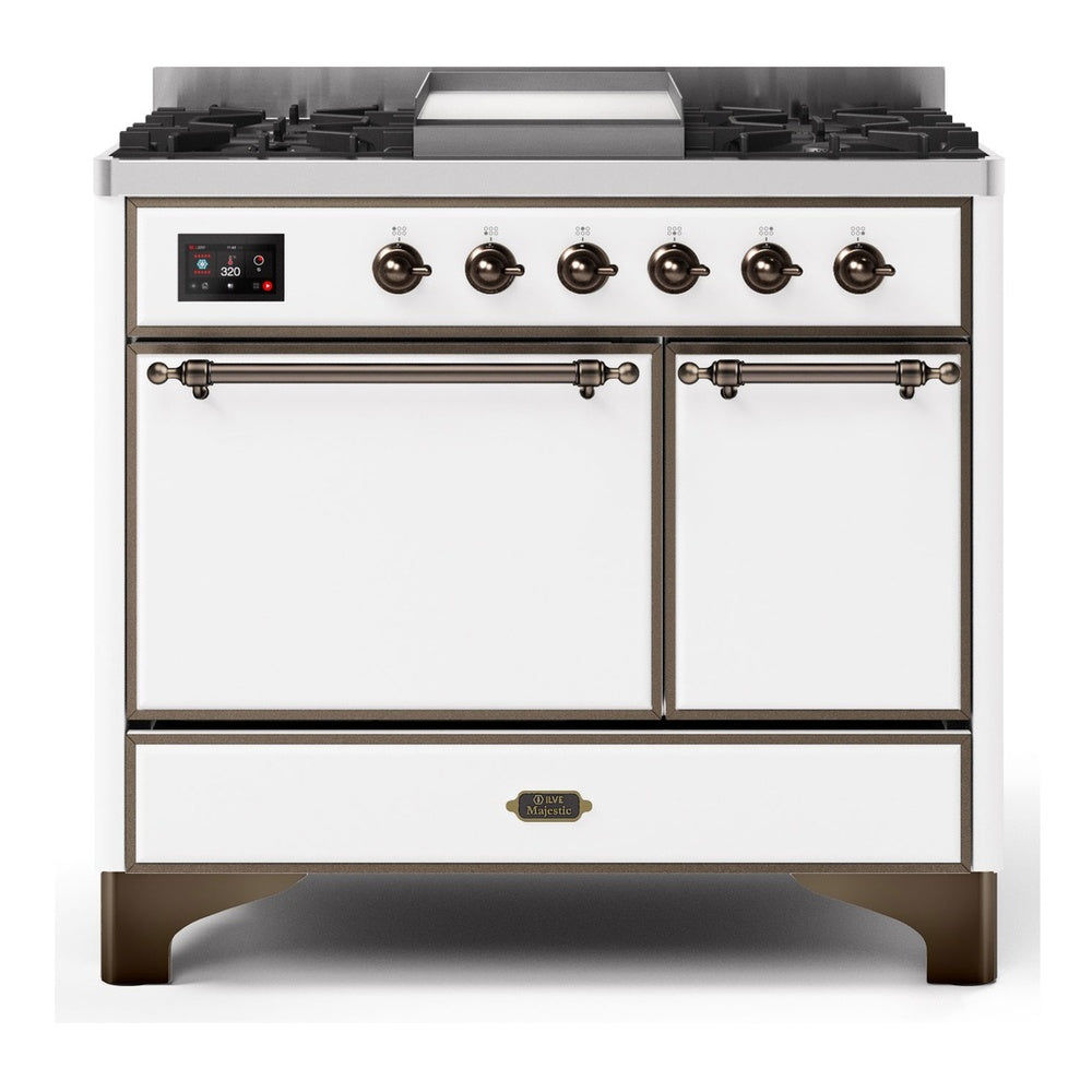 ILVE Majestic II 40" Dual Fuel Range 6 Sealed Burners, Solid Door, White, Burnished Knobs-Natural Gas