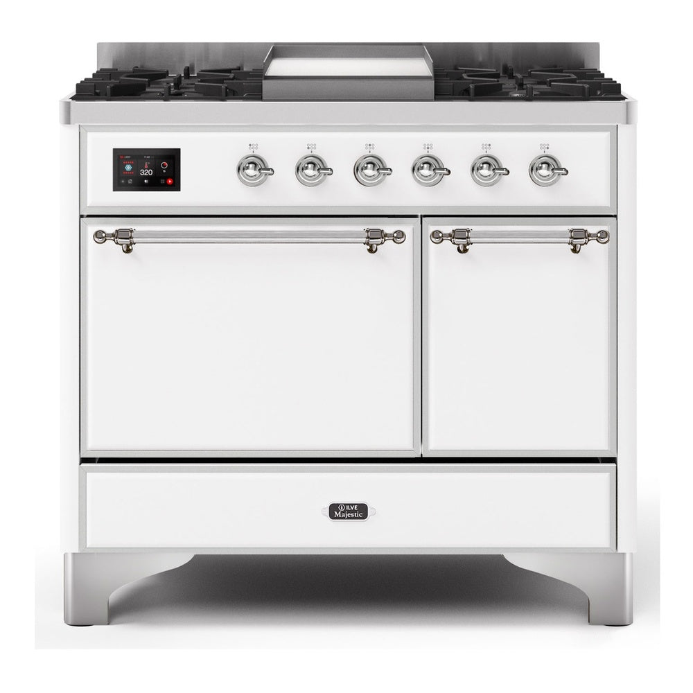 ILVE Majestic II 40" Dual Fuel Range 6 Sealed Burners, Solid Door, White, Chrome Knobs-Natural Gas