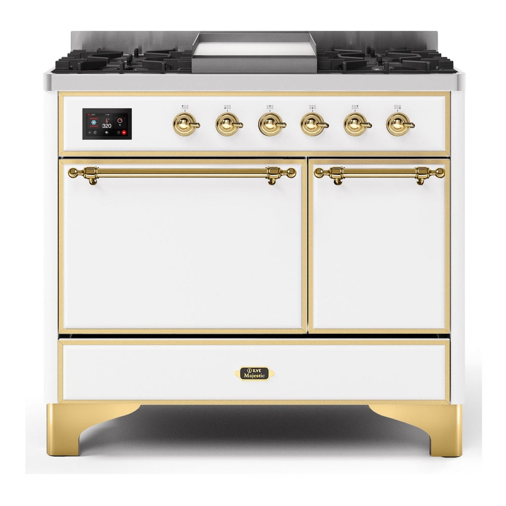 ILVE Majestic II 40" Dual Fuel Range 6 Sealed Burners, Solid Door, White, Brass Knobs-LP